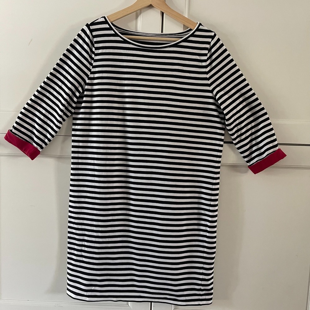 Belle by Kim Gravel Womens Dress Small Black White Striped Dress Red Cuffs